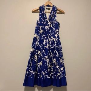 Jones New York Blue White Abstract Floral Print Midi Knit Pull Over Dress Size 8